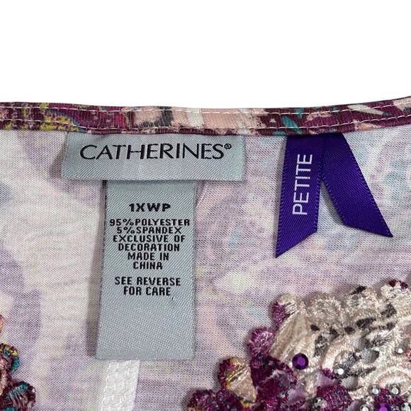 Catherines Floral Paisley Tunic Top Size 1XWP Petite 1X Beige Purple Embellished - Picture 8 of 10